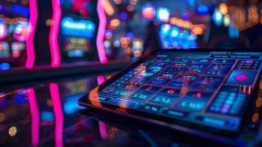 A photo of a tablet device displaying a mobile casino app, with a realistic and immersive gaming experience.