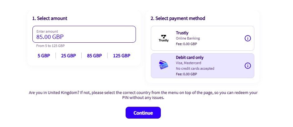 Paysafecard purchase form